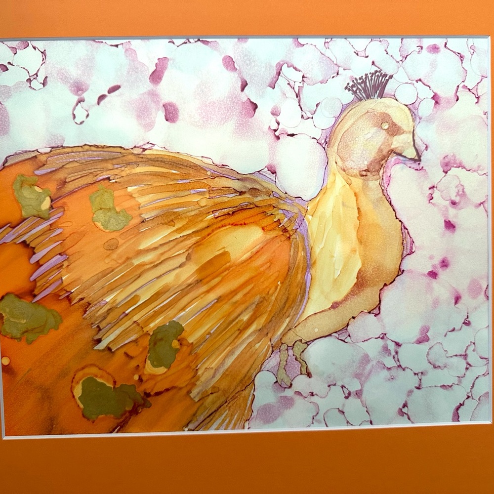 Handcrafted original orange Peacock alcohol ink painting wall art - Picture 7 of 8
